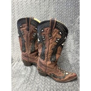 Corral Western Boots 10M Brown Black Studded Inlay Snip Toe G1042 Excellent